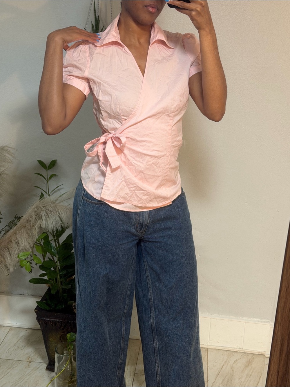 Women's Light Pink Wrap-Style Short Sleeve Top - Picture 2 of 5